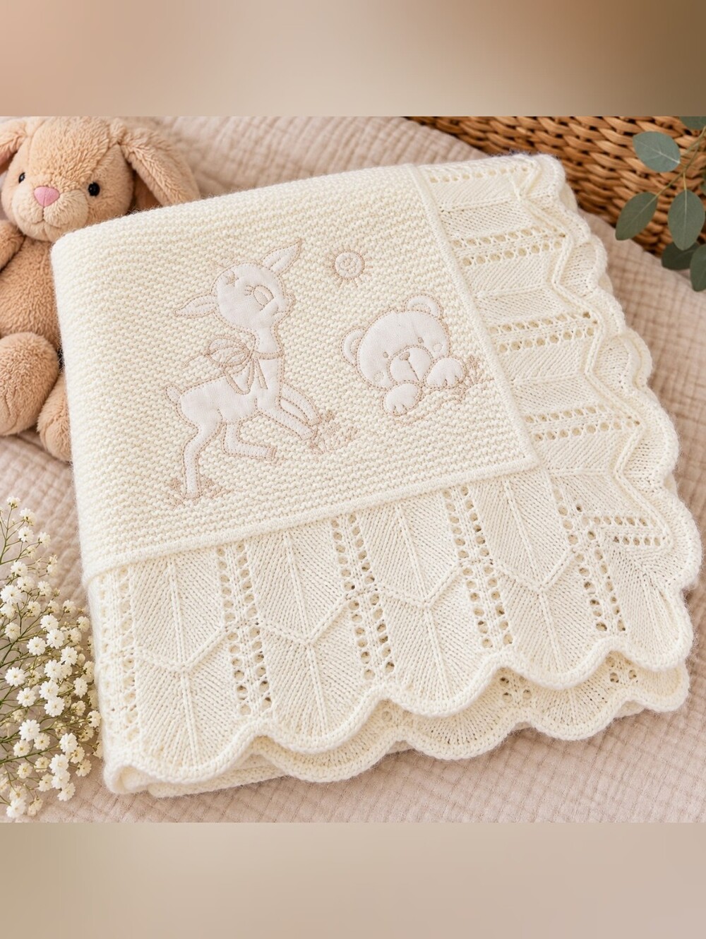 Vintage Cream Knit Baby Blanket Deer & Teddy Bear Portugal